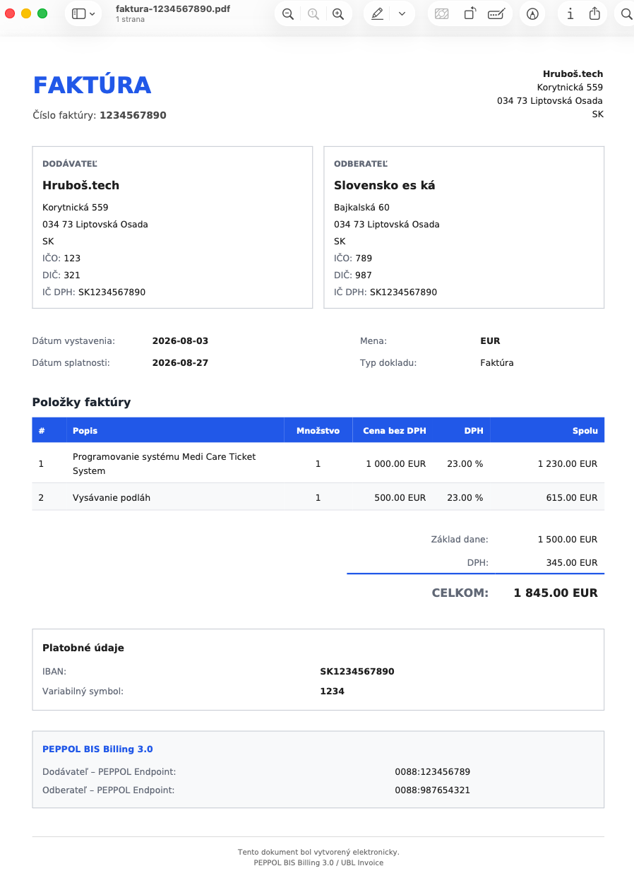 Okay, podľa želaní sme pridali generátor PDF faktúr pre stránku: https://projects.hrubos.tech/invoice3